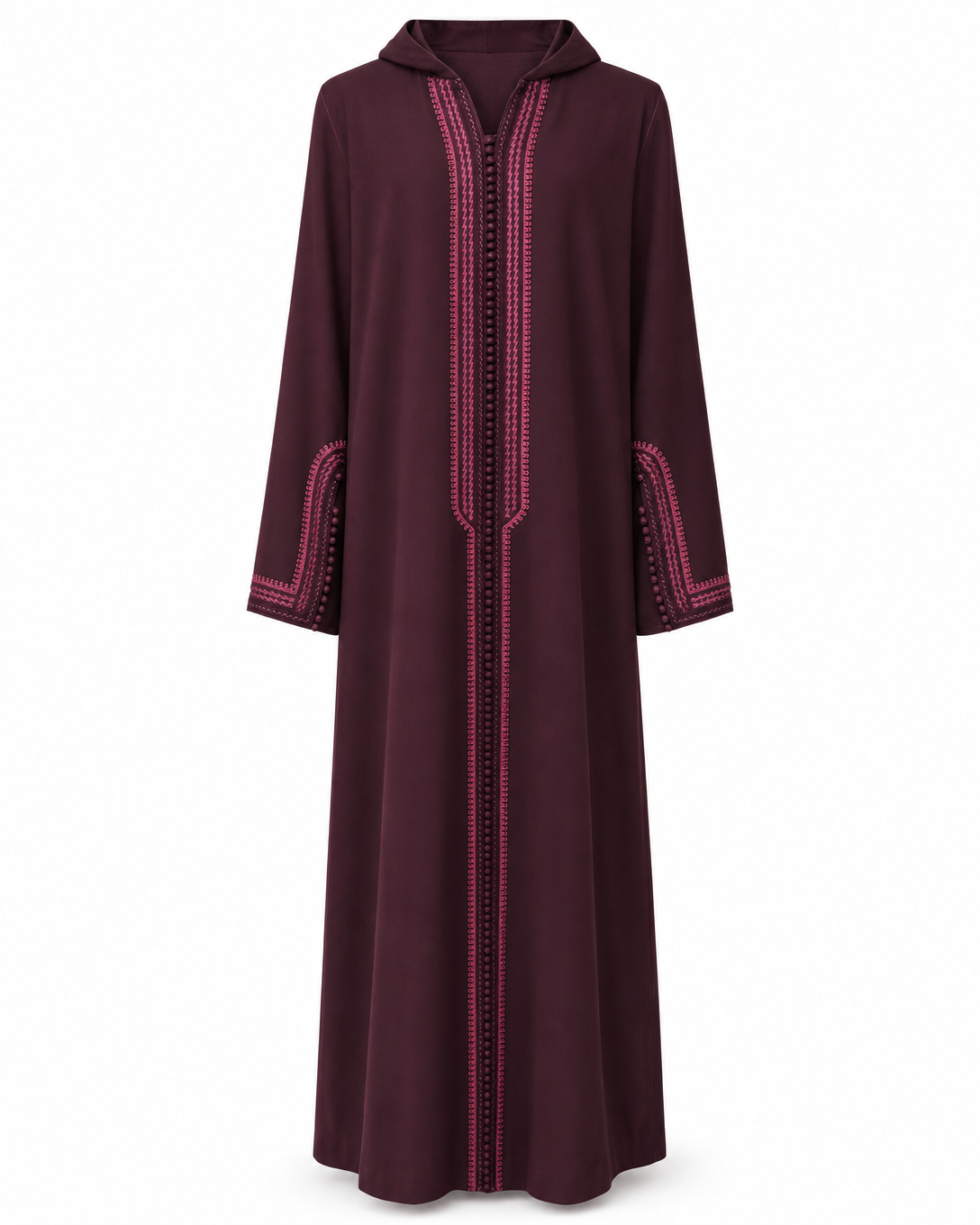 Jellaba marocaine bordeaux avec broderies ton sur ton, coupe longue – Image 3