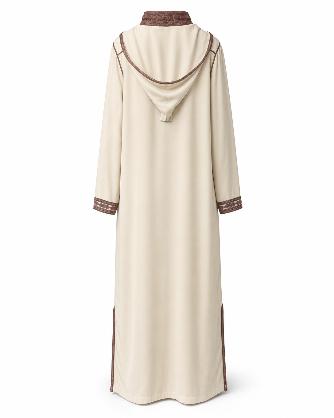 Jellaba marocaine longue neuve, jamais portée, couleur beige avec caftan intérieur marron et broderies raffinées. – Image 3