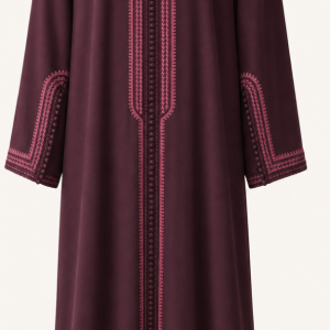 Jellaba marocaine bordeaux avec broderies ton sur ton, coupe longue