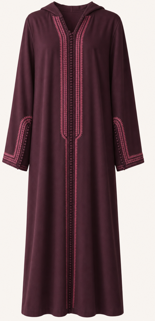 Jellaba marocaine bordeaux avec broderies ton sur ton, coupe longue
