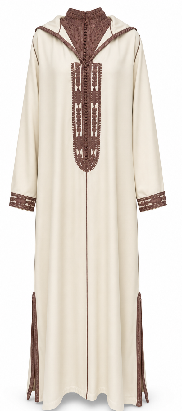 Jellaba marocaine longue neuve, jamais portée, couleur beige avec caftan intérieur marron et broderies raffinées.