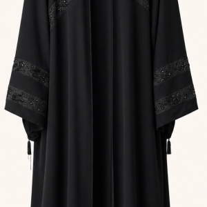Abaya noire longue avec manches brodées et perles ton sur ton