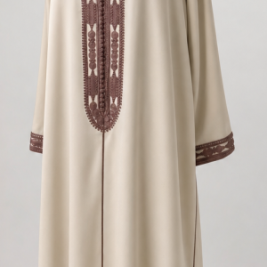 Jellaba marocaine longue neuve, jamais portée, couleur beige avec caftan intérieur marron et broderies raffinées.