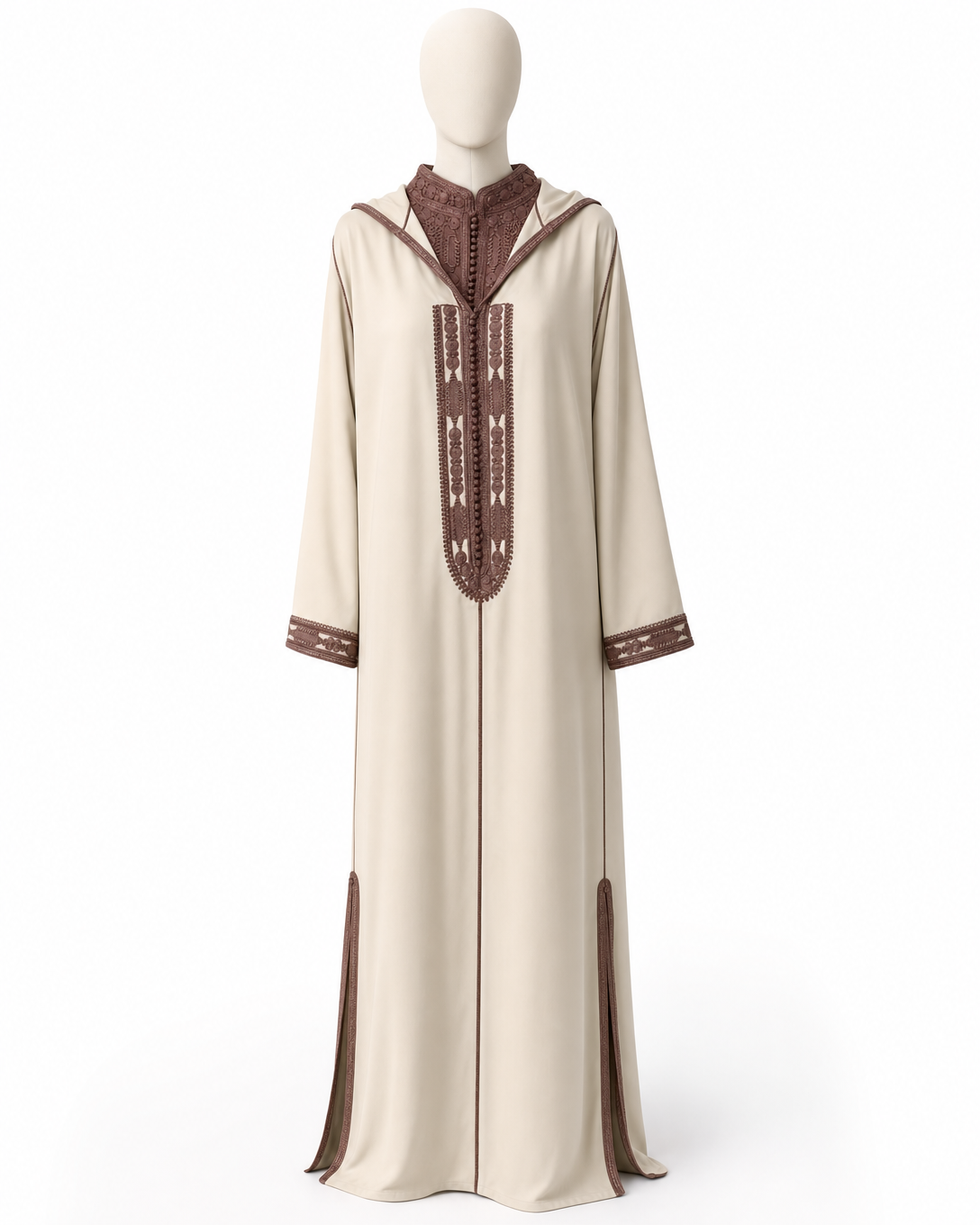 Jellaba marocaine longue neuve, jamais portée, couleur beige avec caftan intérieur marron et broderies raffinées. – Image 4