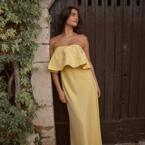 NA-KD Robe Longue Bandeau Jaune en Jacquard à Coupe Volumineuse (Neuve)