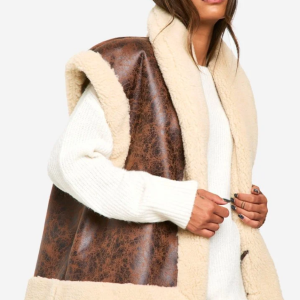 Boohoo Gilet Aviateur Oversize Marron Effet Vintage (Neuf)